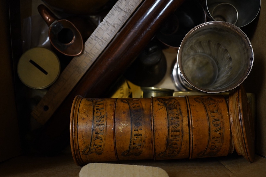 A group of 19th/20th century copper and brass measures, bone and wood rules etc. Condition - varies